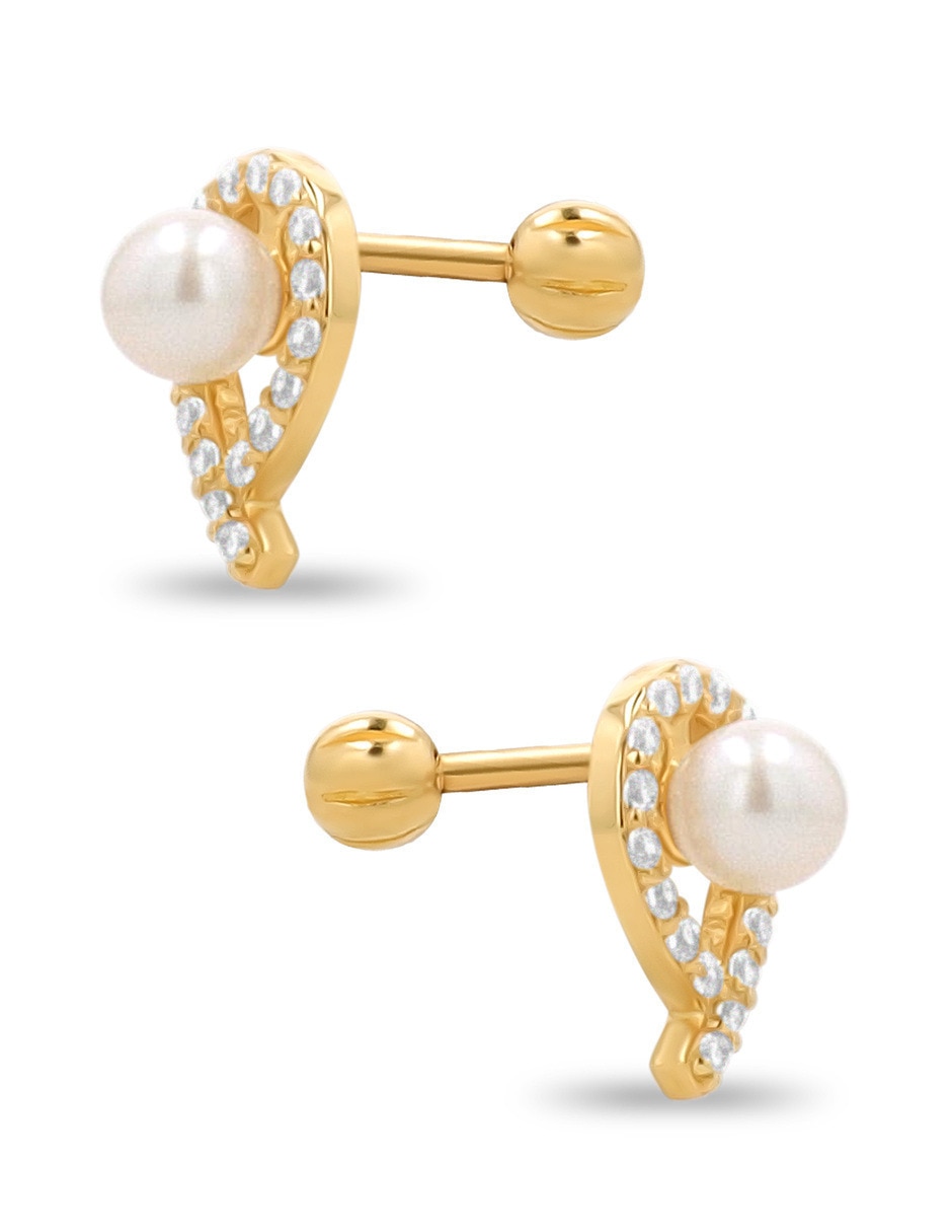 Broqueles de oro amarillo 10 k con acabado brillante perla con zirconia 2