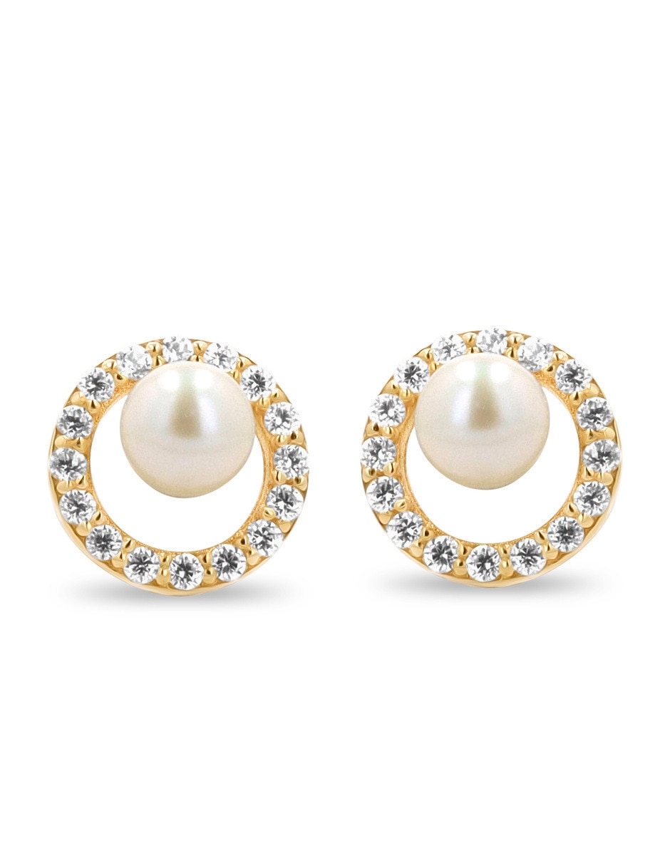 Broqueles circulares de oro amarillo 10 k con acabado brillante perla con zirconia Broqueles circulares de oro amarillo 10 k con acabado brillante perla con zirconia