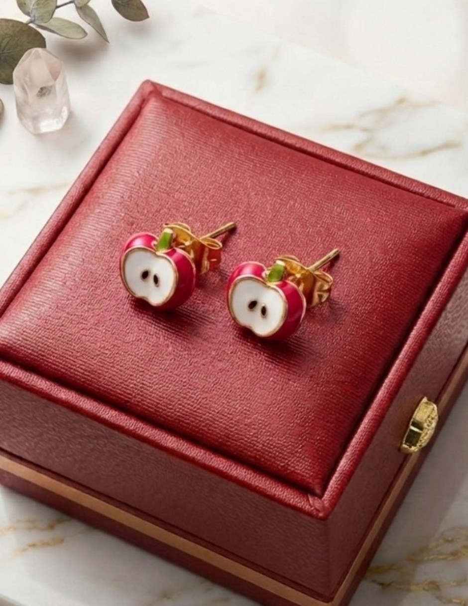 Aretes cortos de manzana joyería juvenil y de oro laminado 14 k con acabado brillante zirconia cúbica 4
