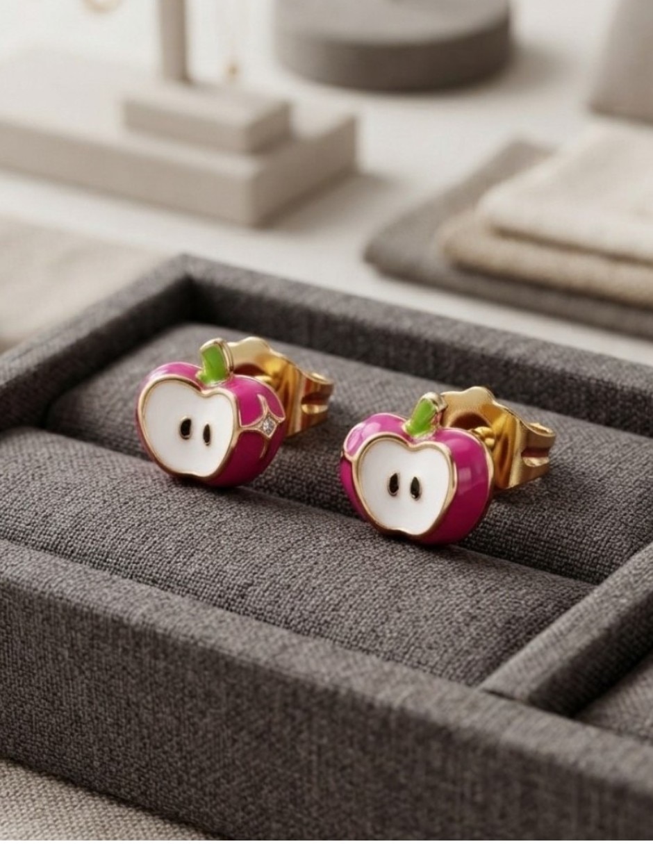 Aretes cortos de manzana joyería juvenil y de oro laminado 14 k con acabado brillante zirconia cúbica 3