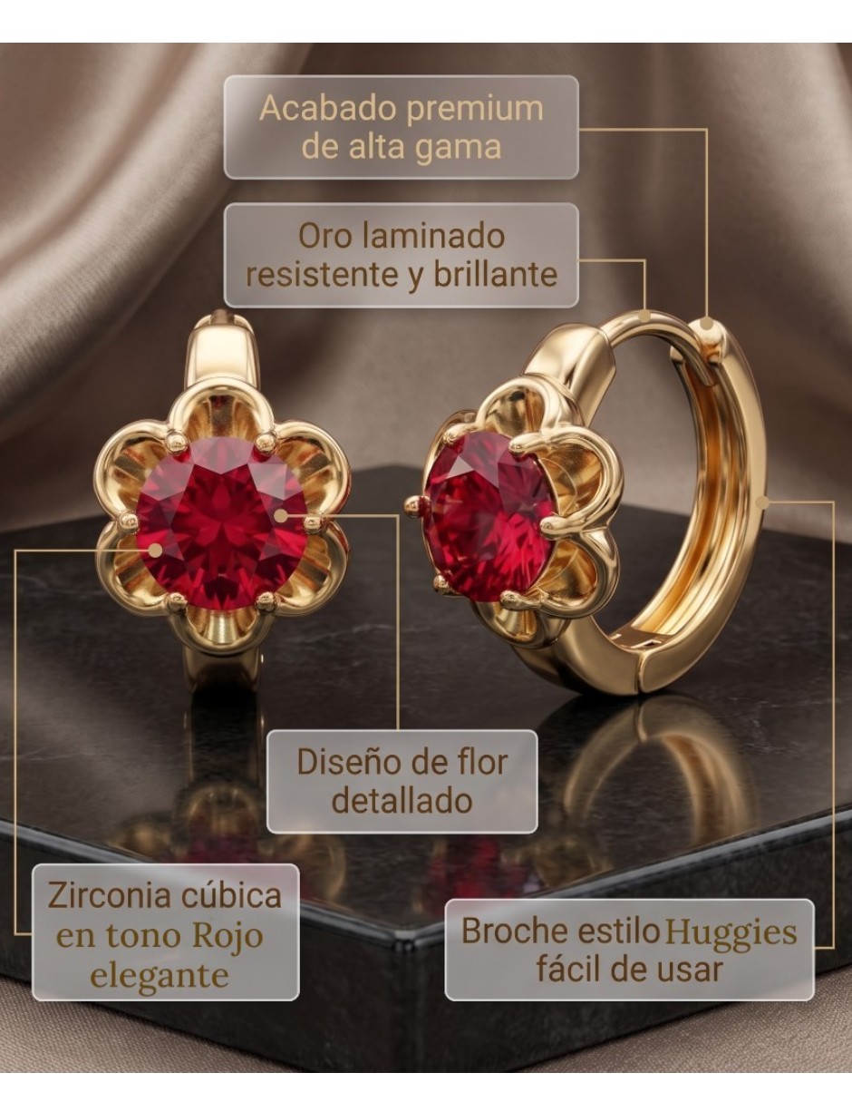 Huggies de flor de oro laminado 14 k con acabado brillante zirconia cúbica