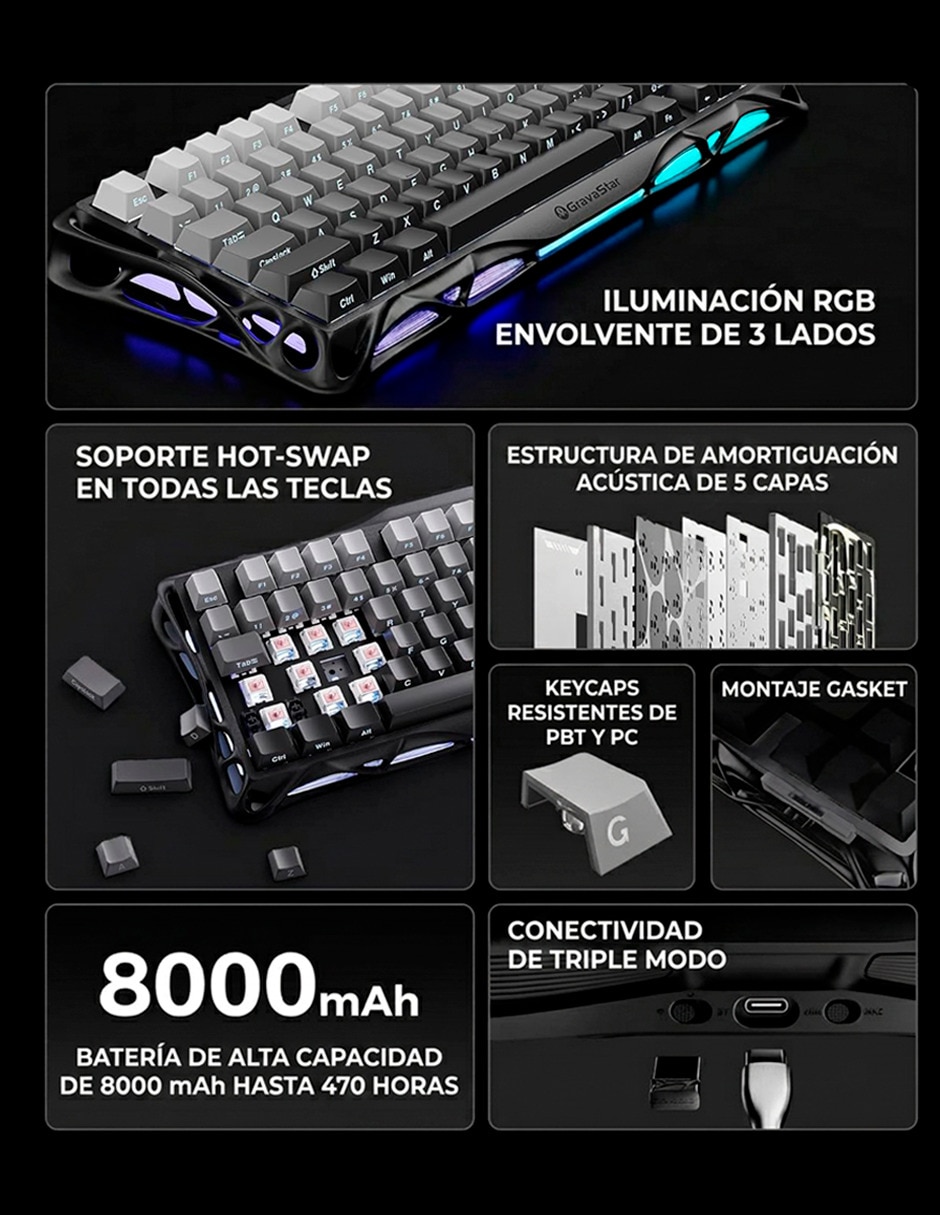 Teclado gamer alámbrica e inalámbrica QWERT inglés con interruptor Lineal (Red Black) Gravastar Mercury K1