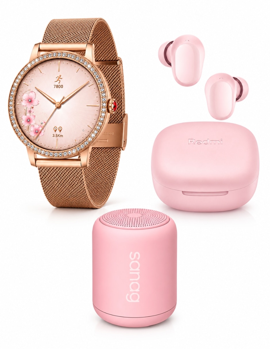 Combo audífonos True Wireless Redmi Buds 6 Play Rosa con Smartwatch Rosé y Bocina Sanag X6S Inalámbrica