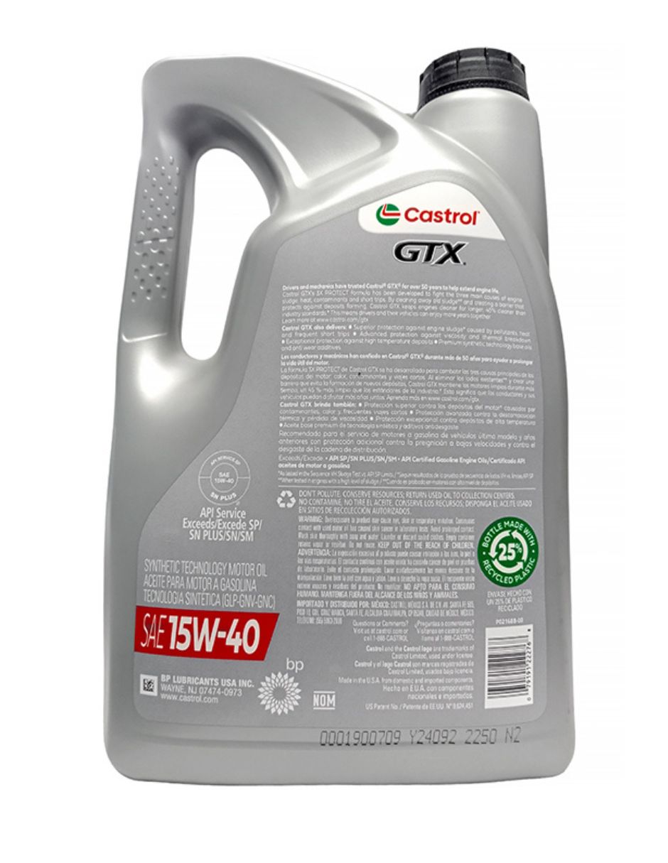 Aceite Motor Multigrado Gasolina Sae 15W40 Api Sn/Sp 4.73Lts Gtx Synthetic Technology Castrol 2