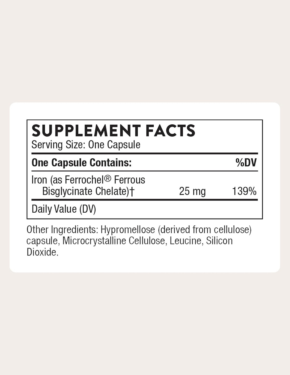 Thorne Hierro Bisglicinato 25 mg Bienestar Nutricional 60 Cápsulas