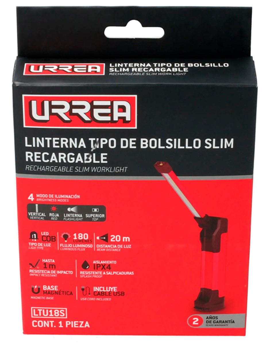 Linterna de trabajo Urrea LED tipo Slim para taller plegable recargable de 180 lm