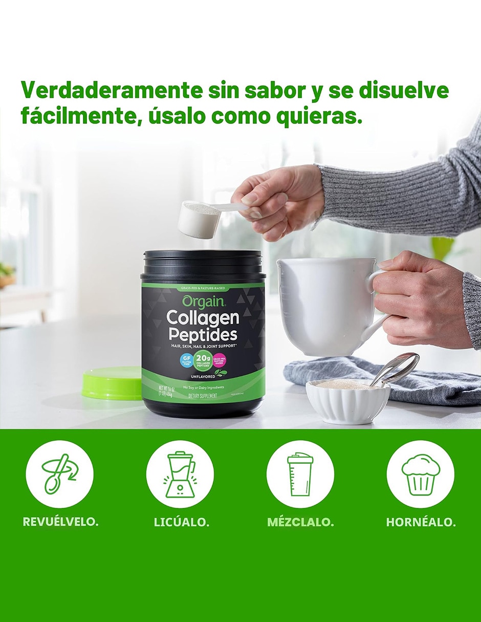 Orgain Colágeno Péptidos Bienestar Piel y Articular 454 g Orgain con Péptidos de colágeno hidrolizado (bovinos)