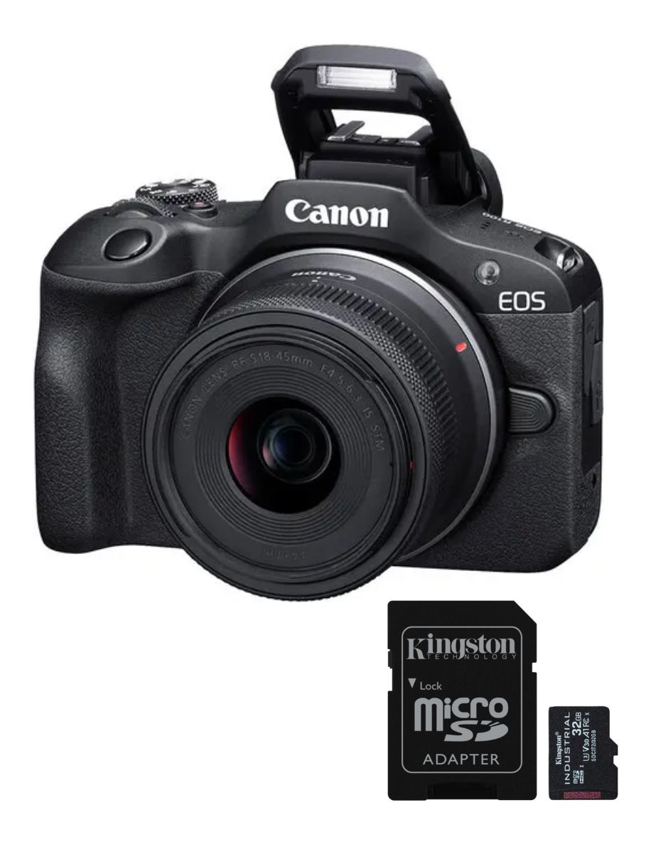 Cuerpo cam sin espejo Canon R100 con lente 18 a 55 mm f / 4.5 RF-Mount