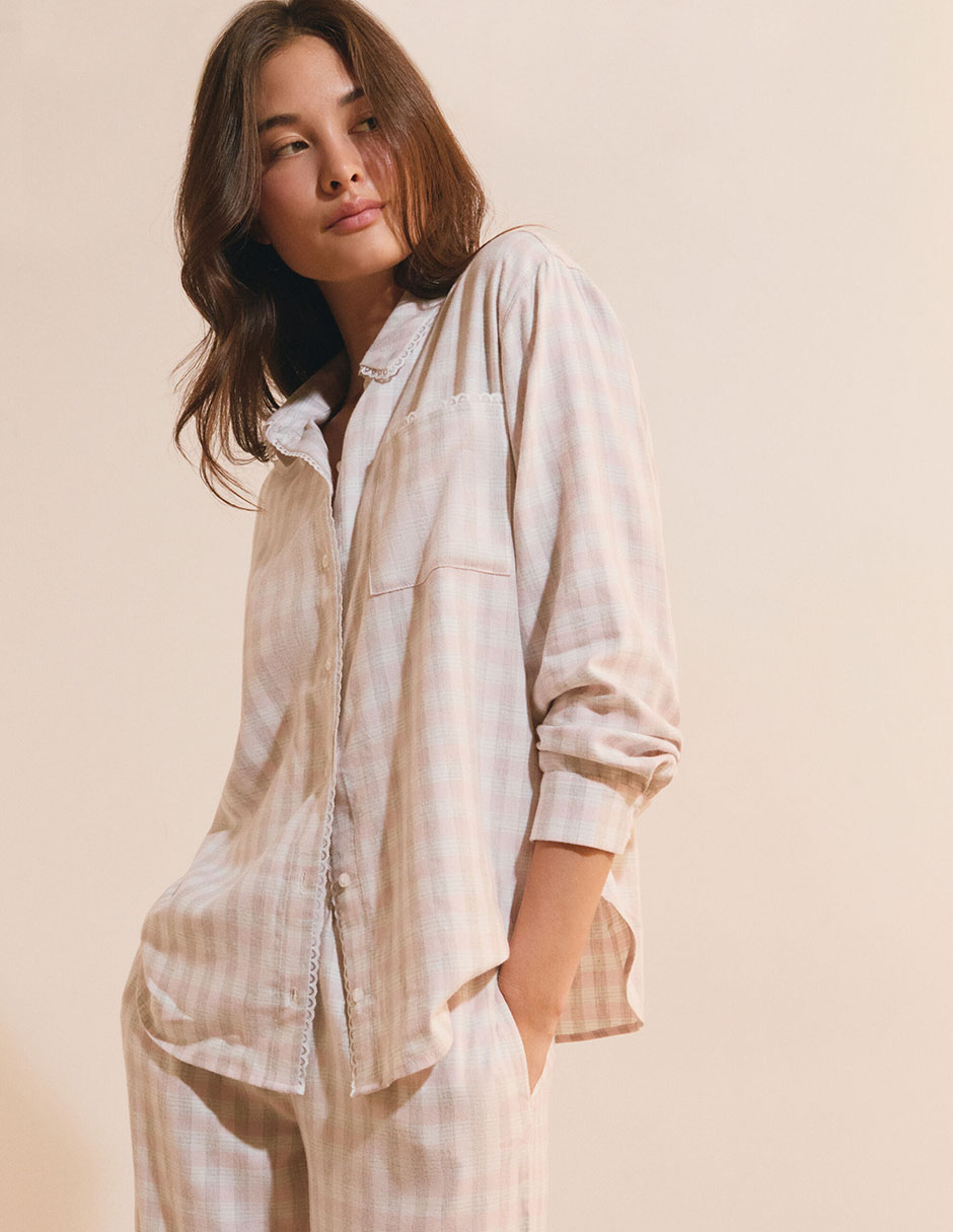 Playera pijama estampado a cuadros para mujer