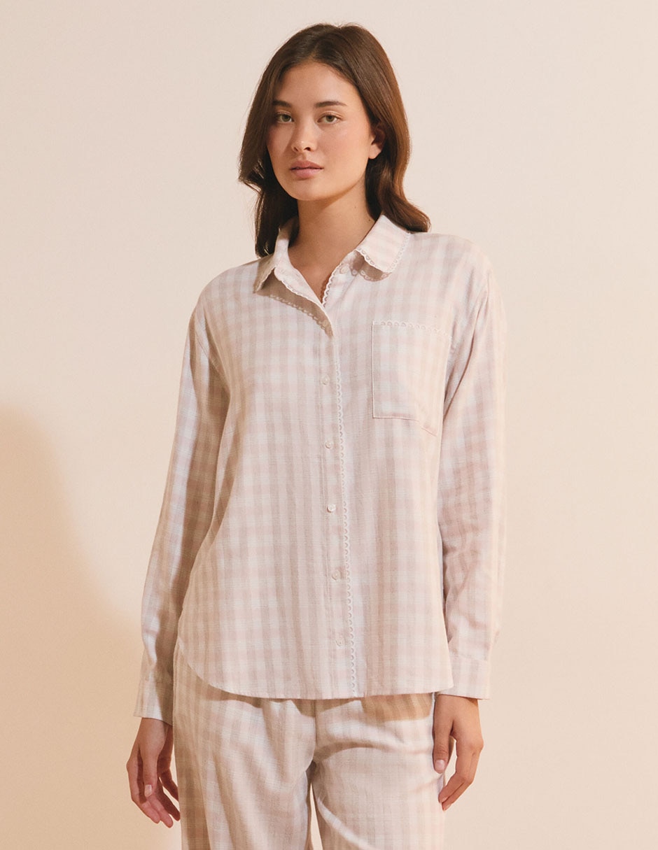 Playera pijama estampado a cuadros para mujer