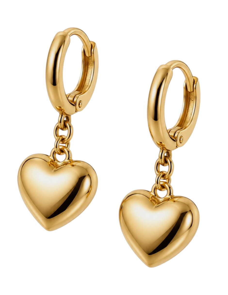 Aretes largos de corazón joyería de oro laminado 14 k con acabado brillante Aretes largos de corazón joyería de oro laminado 14 k con acabado brillante