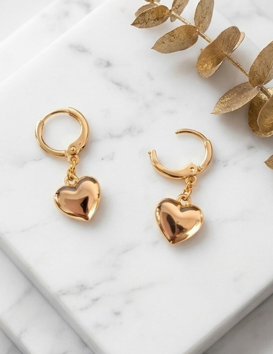 Aretes largos de corazón joyería de oro laminado 14 k con acabado brillante 3