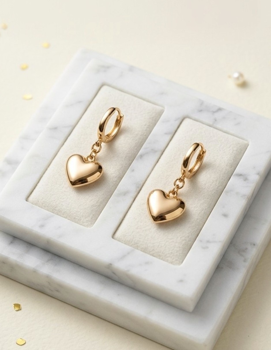 Aretes largos de corazón joyería de oro laminado 14 k con acabado brillante 5