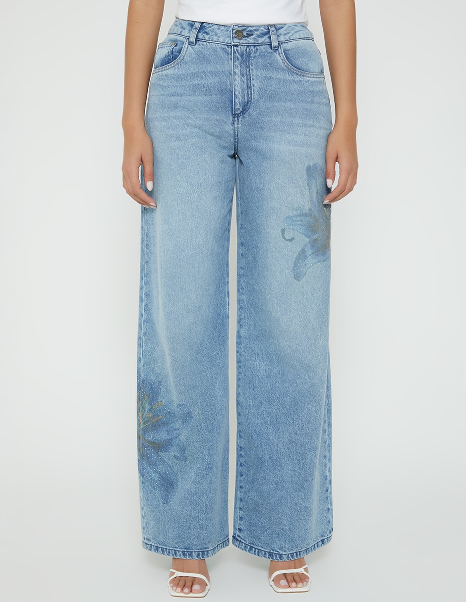 Jeans relaxed wide leg cintura studio f luxury flower para mujer