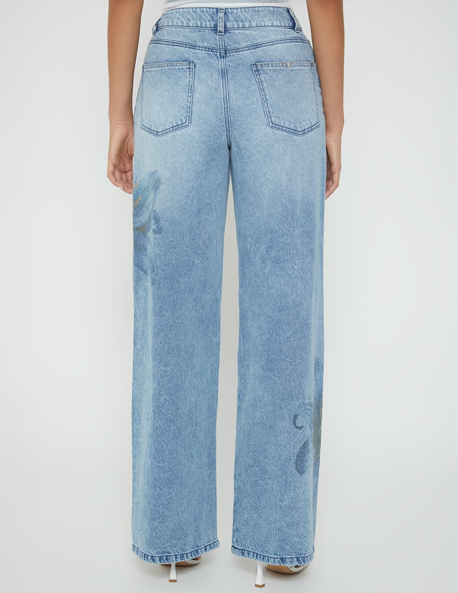 Jeans relaxed wide leg cintura studio f luxury flower para mujer