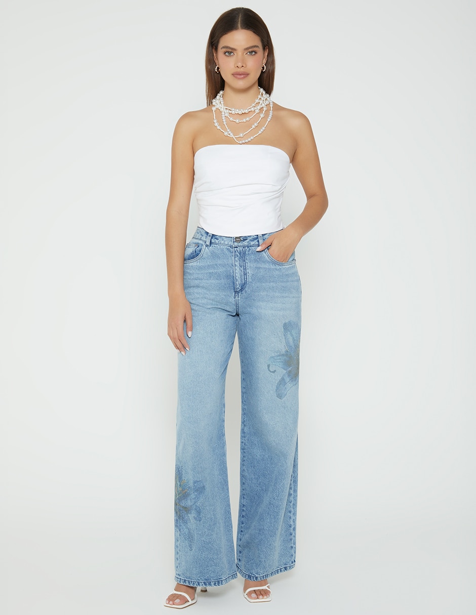 Jeans relaxed wide leg cintura studio f luxury flower para mujer