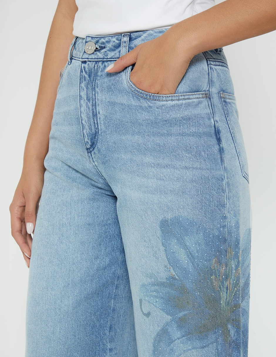 Jeans relaxed wide leg cintura studio f luxury flower para mujer