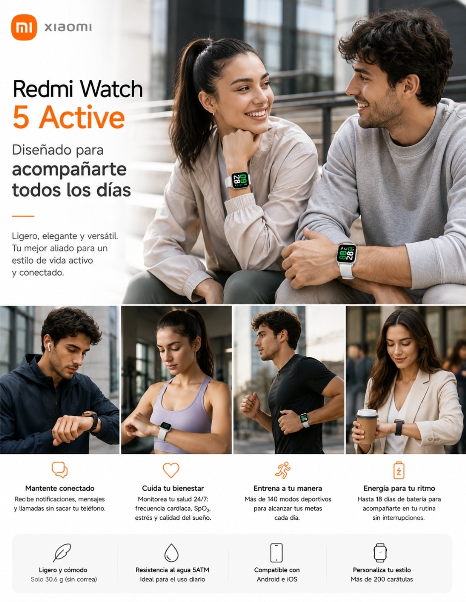 Smartband xiaomi redmi watch 5 active con hh more t-55 dobles unisex