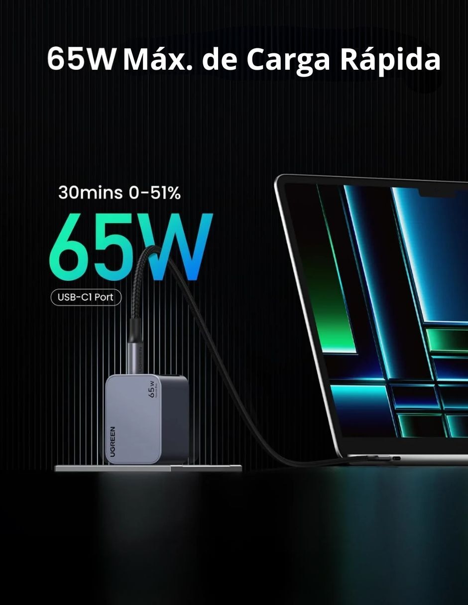 Cargador pared cargador ugreen nexode pro 2 usb-c 1 usb-a 65w de carga rápida usb tipo a + usb tipo c 65 w 6