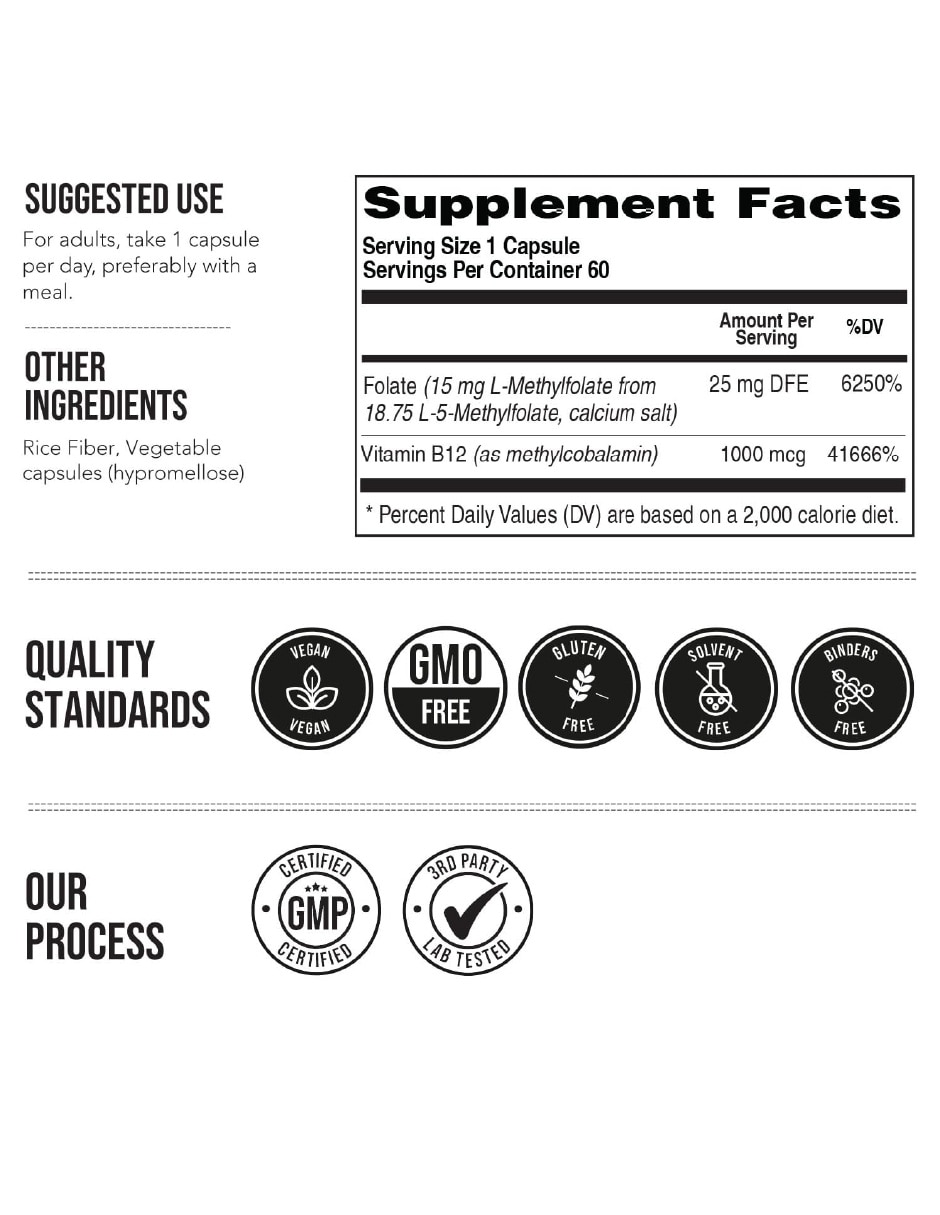 Suplementos alimenticios triquetra 5-mthf 15 mg + metil b12 apoyo cerebral y nervioso 60 cápsulas triquetra health con metilfolato