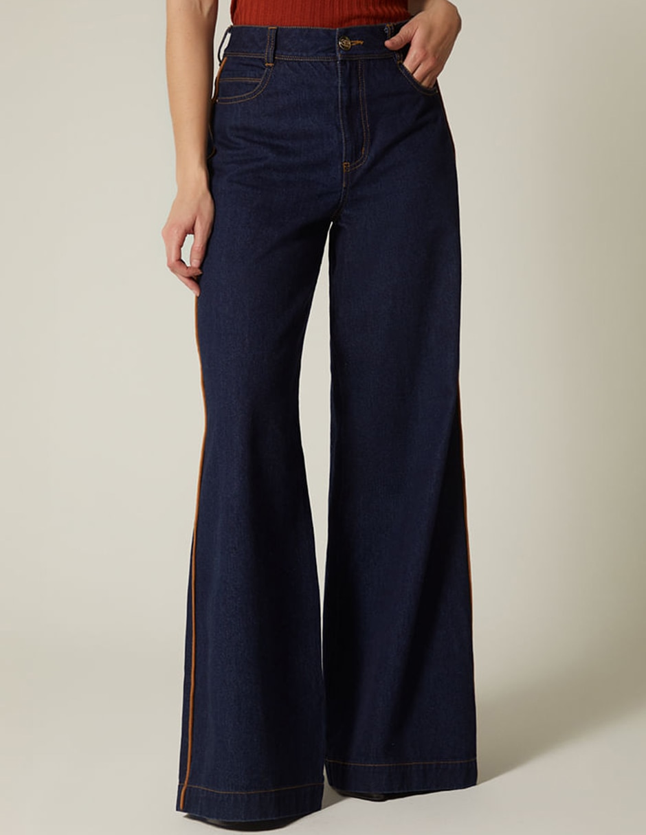 Jeans relaxed palazzo cintura alta indigo lima boho bordado para mujer