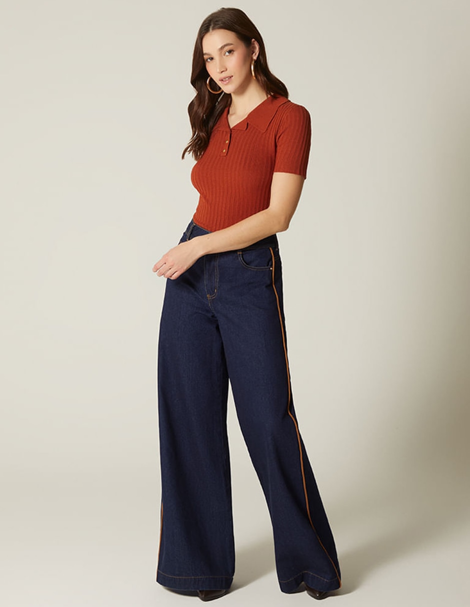 Jeans relaxed palazzo cintura alta indigo lima boho bordado para mujer 3