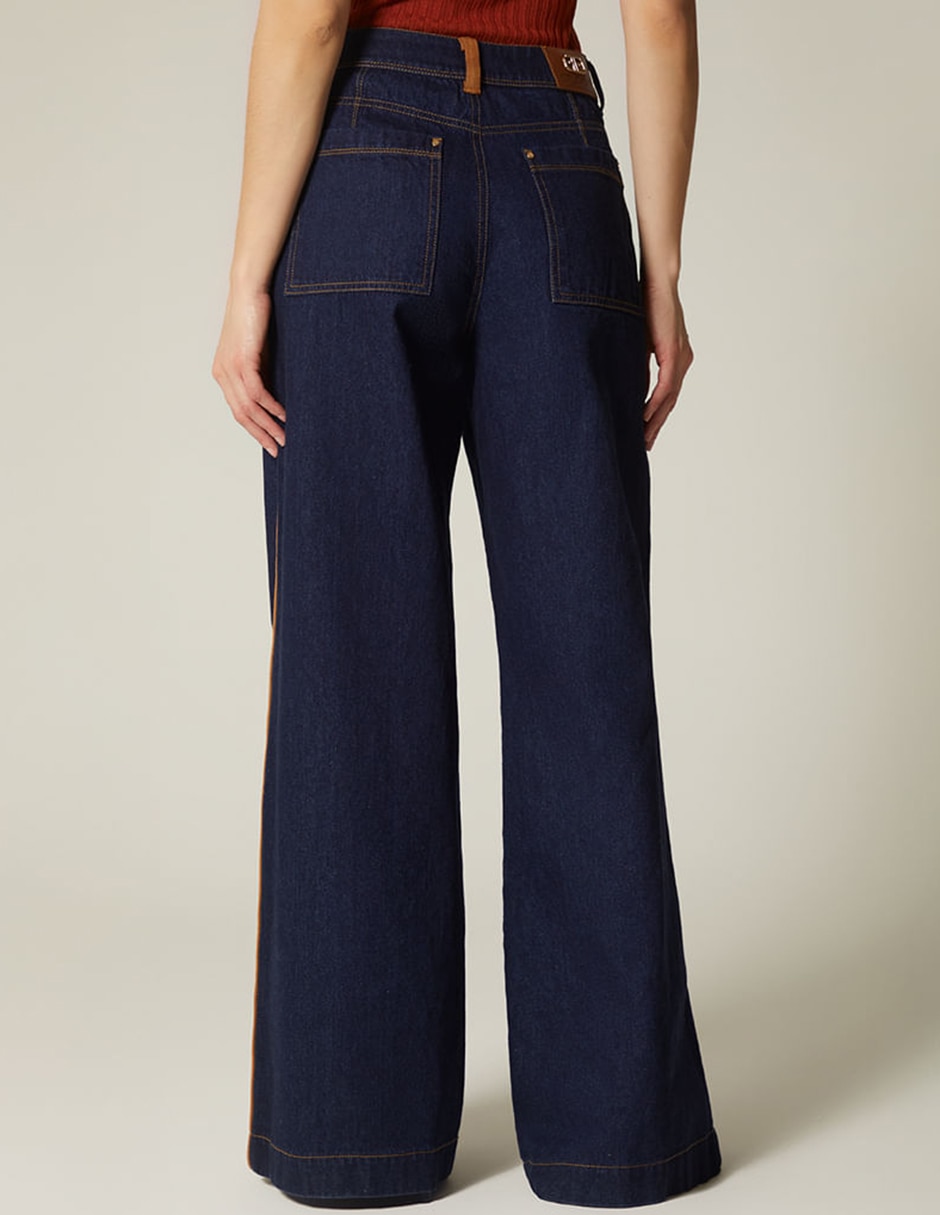 Jeans relaxed palazzo cintura alta indigo lima boho bordado para mujer 5