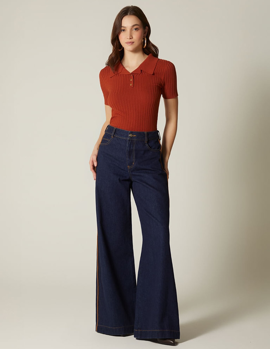 Jeans relaxed palazzo cintura alta indigo lima boho bordado para mujer 6