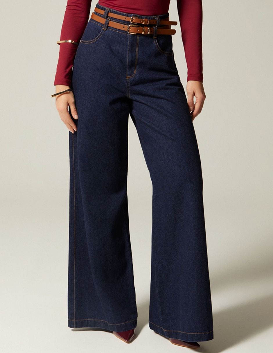 Jeans relaxed palazzo cintura alta indigo lima para mujer
