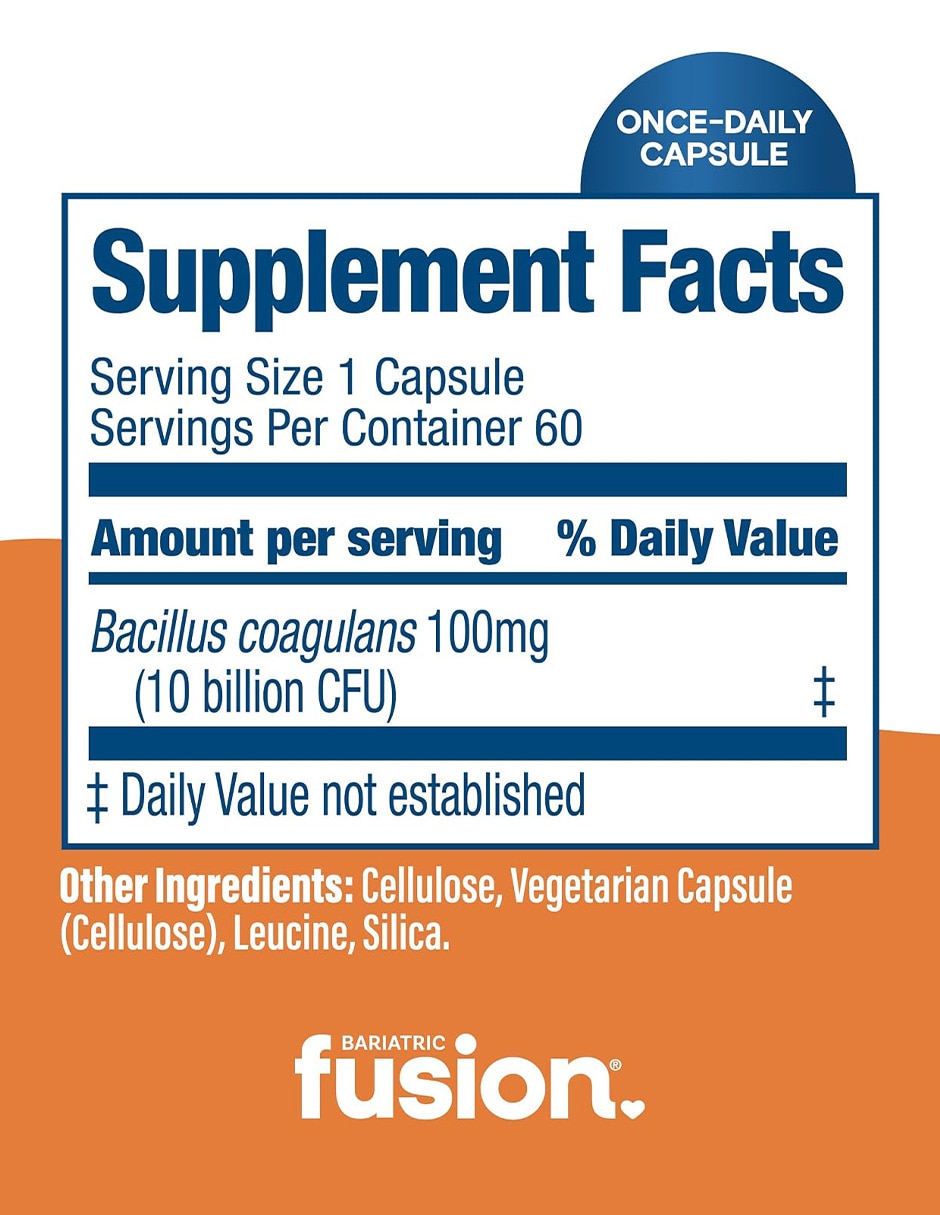 Suplementos alimenticios bariatric fusion probiótico 10 billion cfu bienestar digestivo 60 cápsulas bariatric fusion con bacillus coagulans inulina (fos) orgánica (proveniente del agave azul)