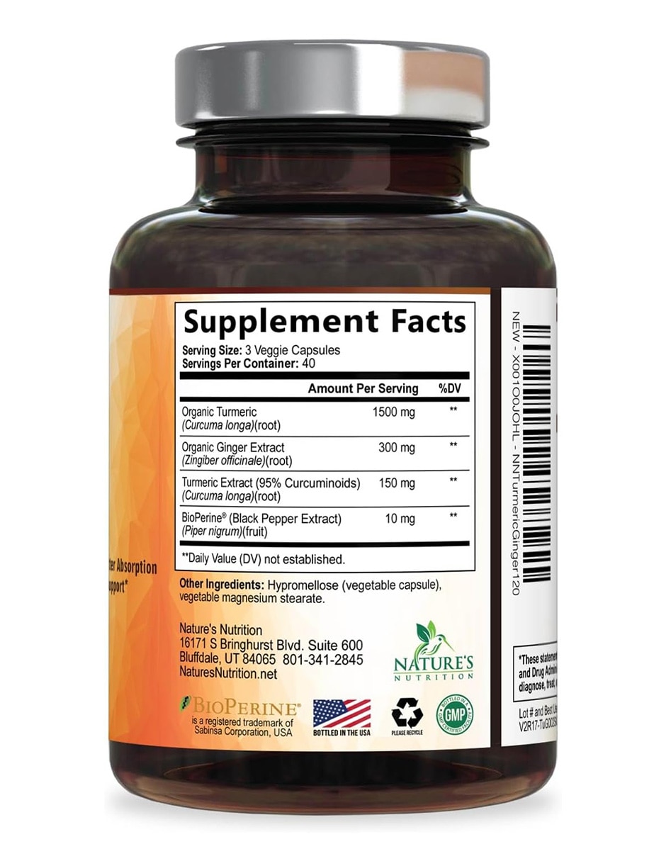 Suplementos alimenticios nature’s nutrition cúrcuma curcumina bienestar articular 120 cápsulas natures nutrition con cúrcuma