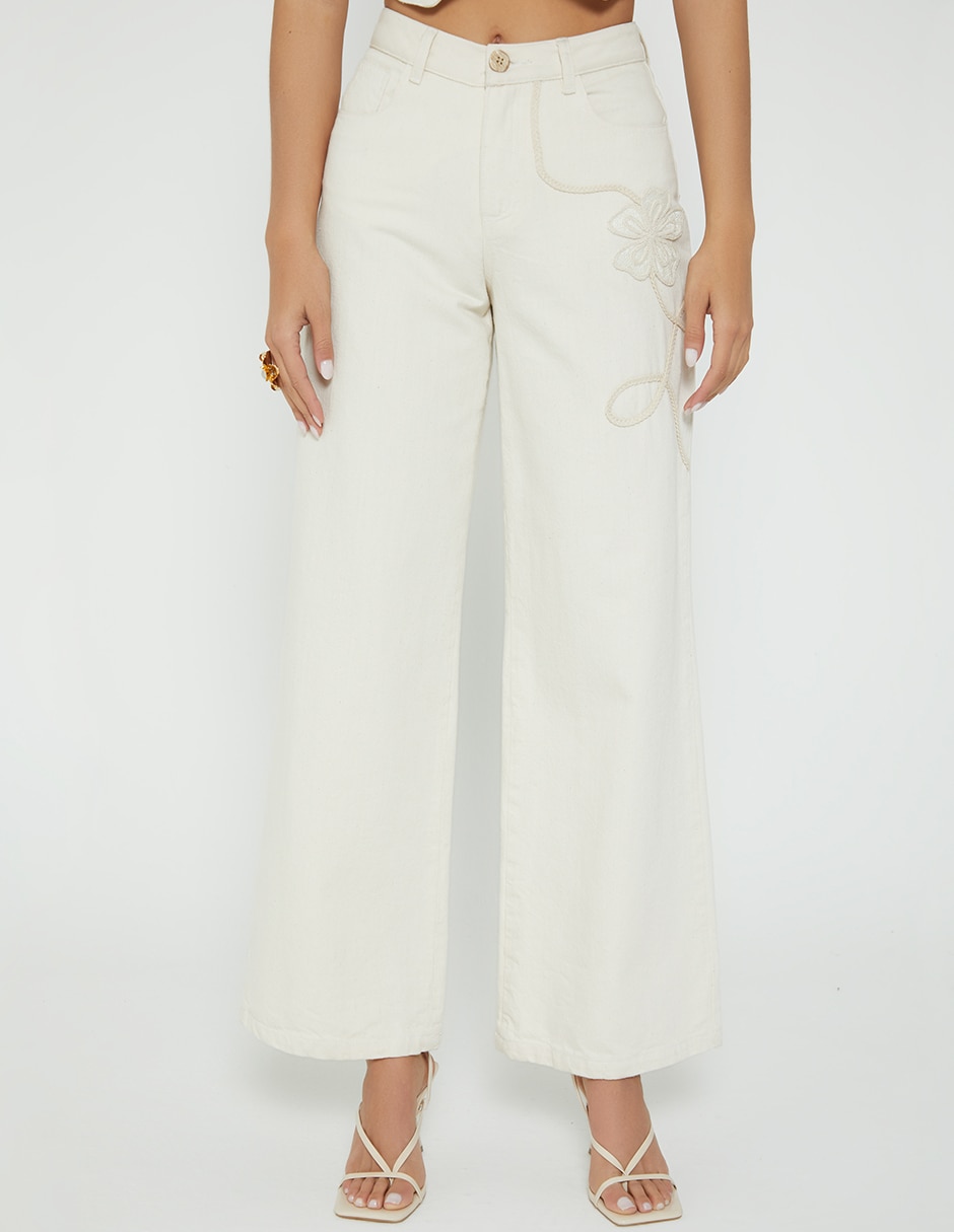 Jeans relaxed palazzo cintura indigo utopia bordado organic para mujer