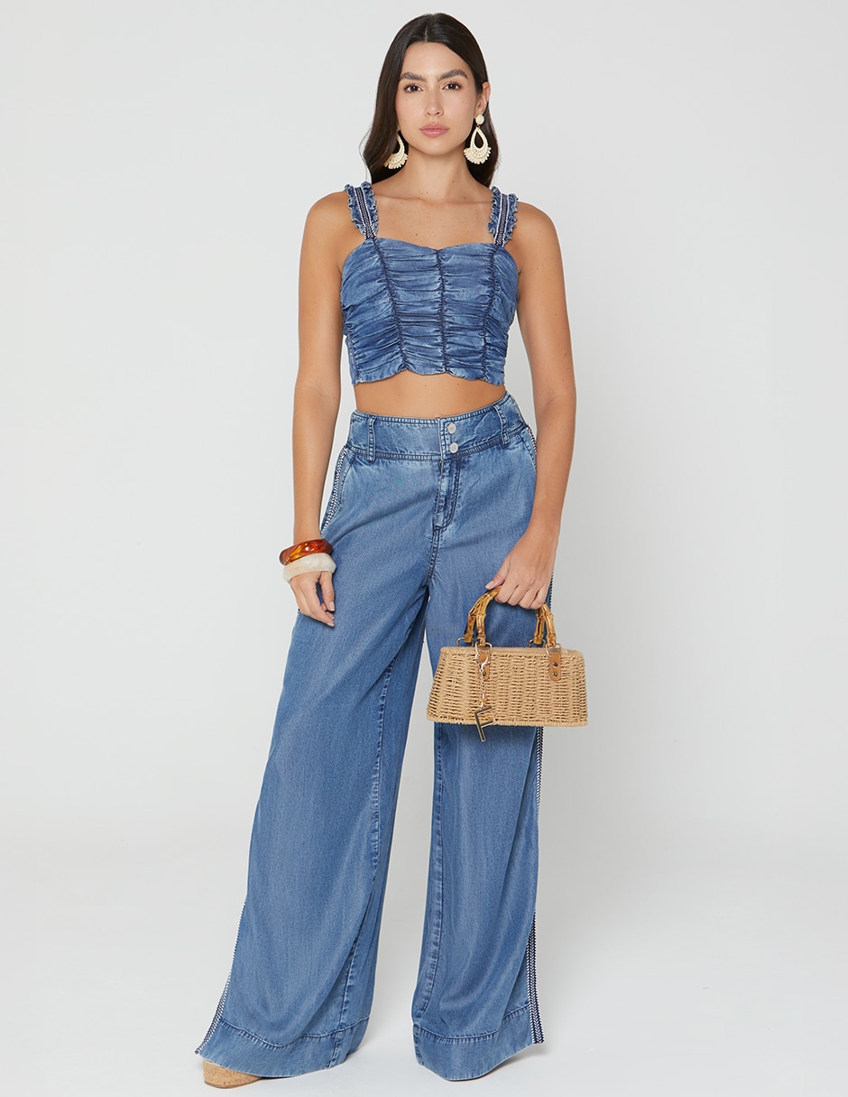 Jeans relaxed palazzo cintura alta studio f indigo benkei soul blue para mujer