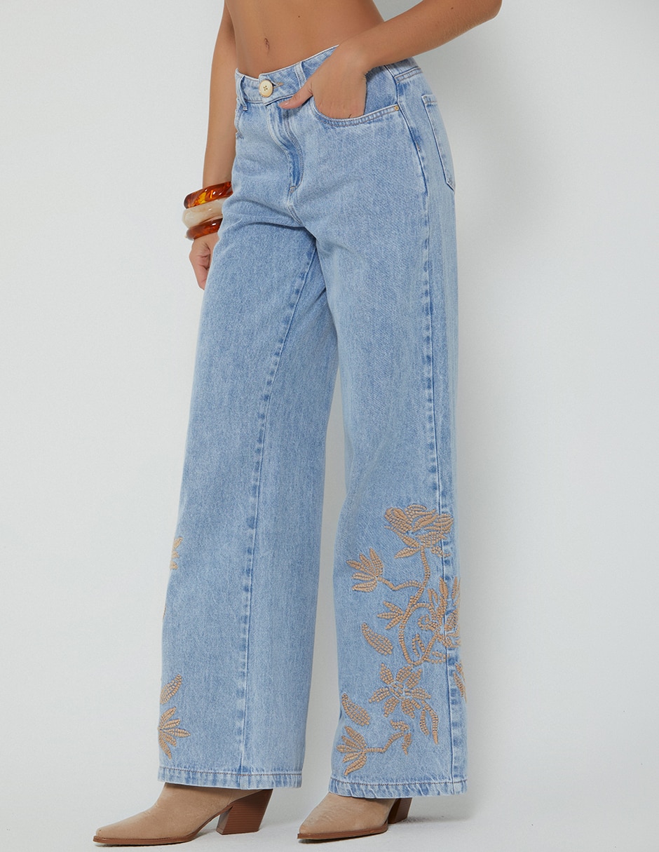 Jeans regular bota cintura studio f indigo cusco light embroidered para mujer