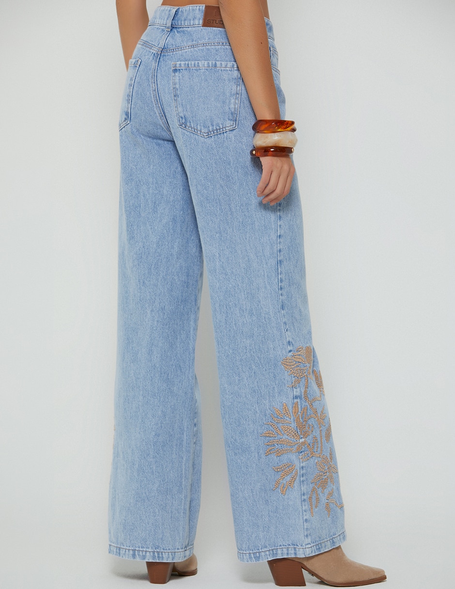 Jeans regular bota cintura studio f indigo cusco light embroidered para mujer