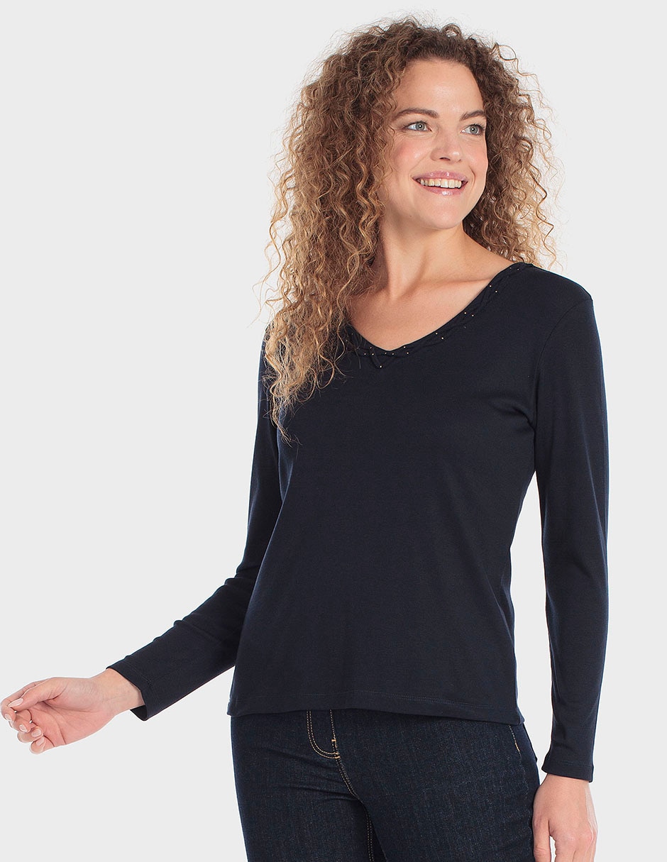 Playera manga larga punt roma cuello v para mujer