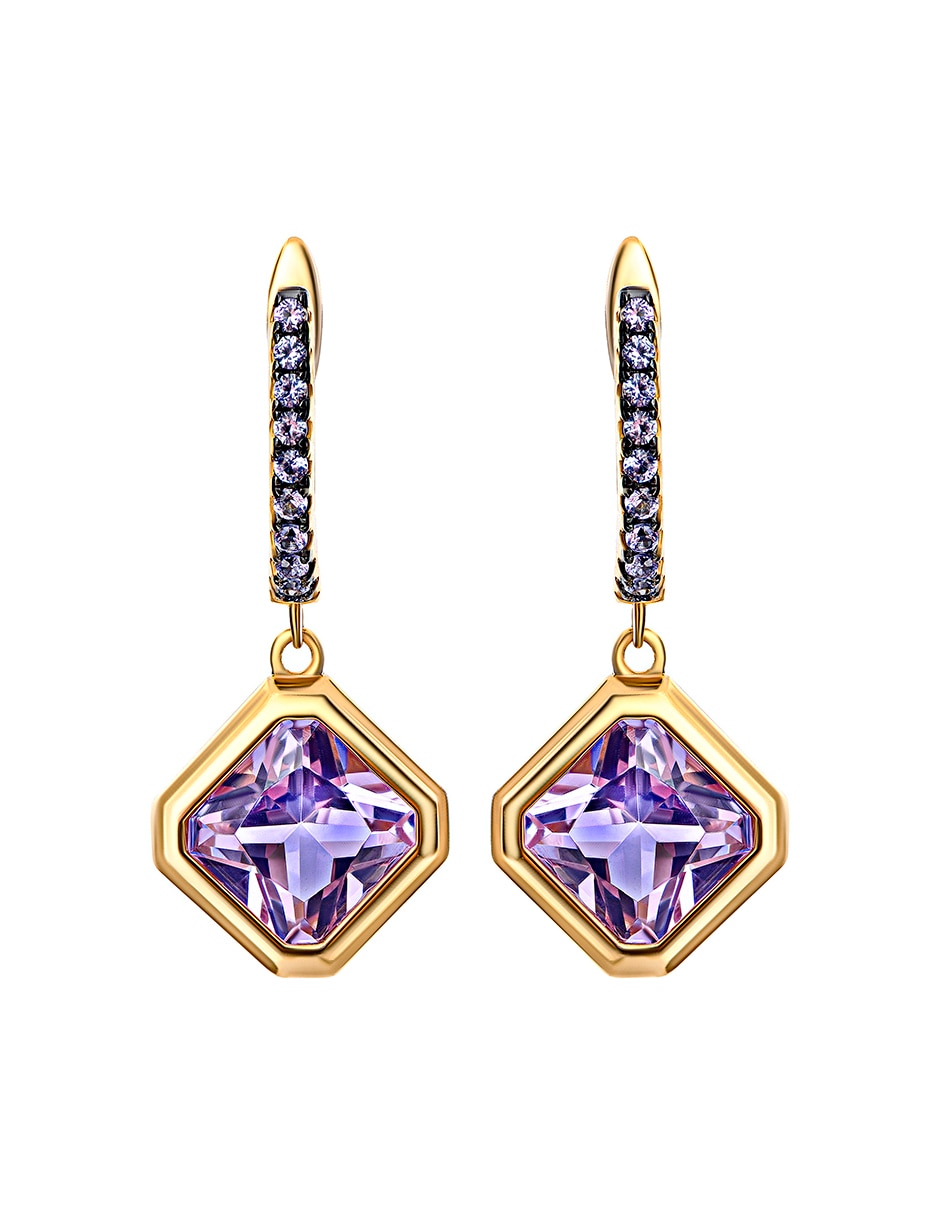 Aretes cortos de rombo de plata p 925 con acabado chapa de oro amatista