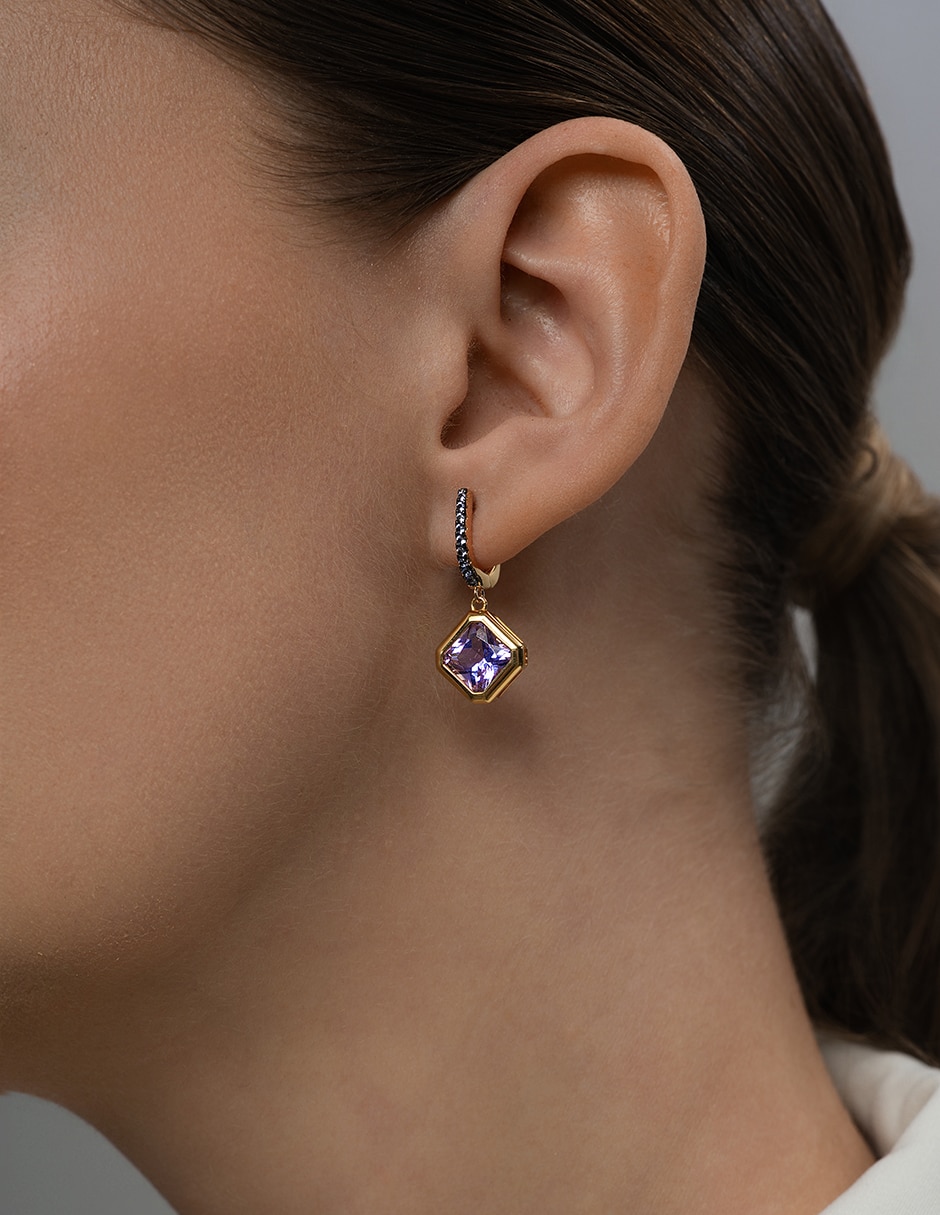 Aretes cortos de rombo de plata p 925 con acabado chapa de oro amatista 4