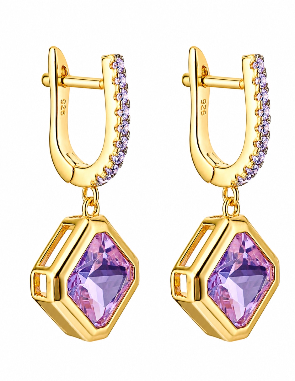 Aretes cortos de rombo de plata p 925 con acabado chapa de oro amatista 5
