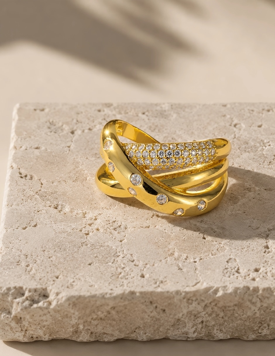 Anillo nebula de aleación de metal zirconia baño de oro 4