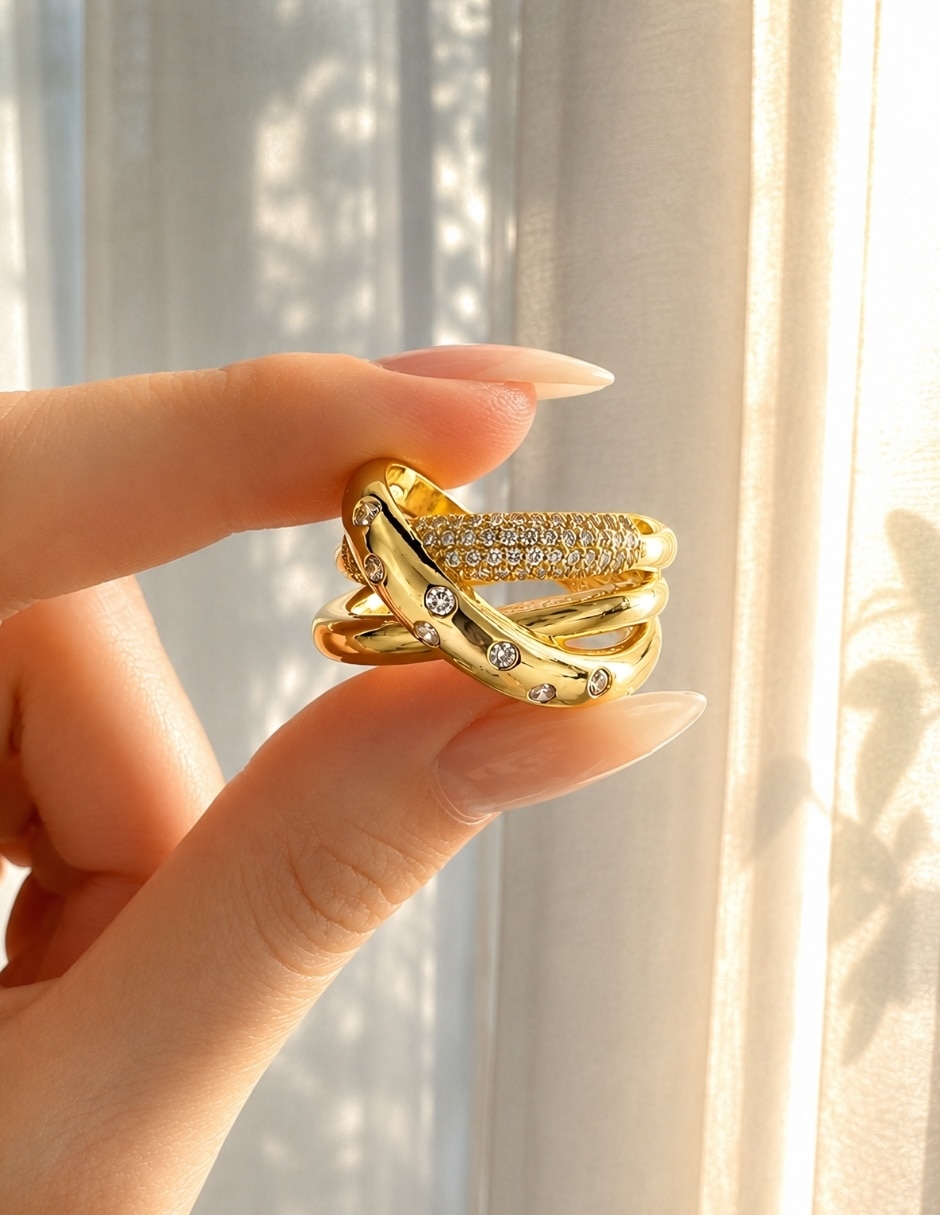 Anillo nebula de aleación de metal zirconia baño de oro 6
