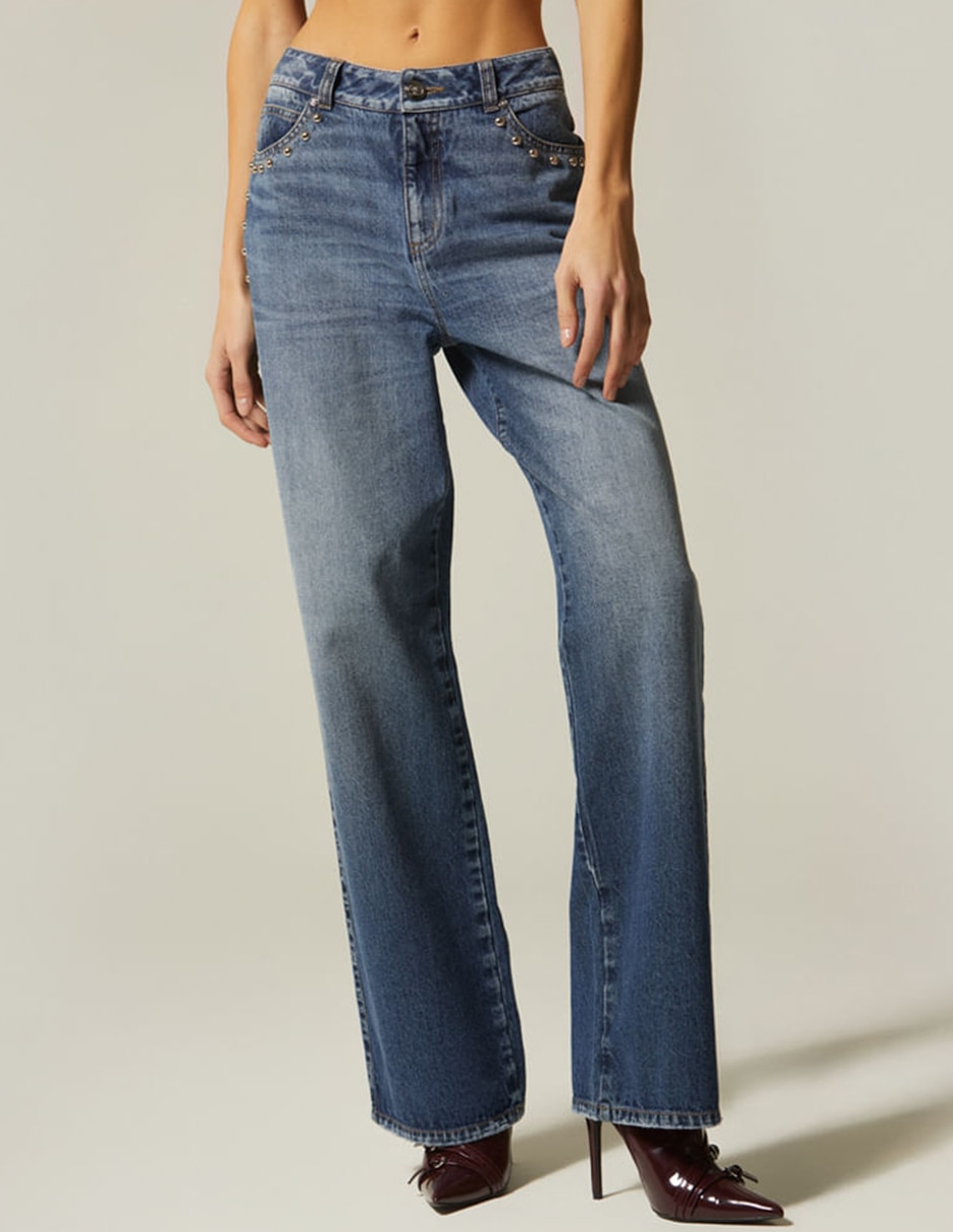 Jeans regular bota cintura studio f indigo lima milan denim studs para mujer