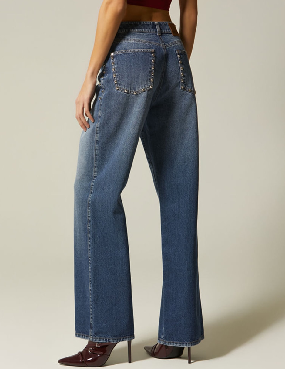 Jeans regular bota cintura studio f indigo lima milan denim studs para mujer