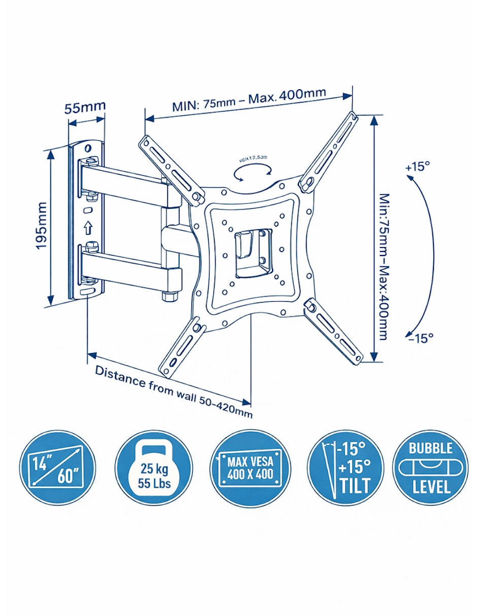 Soporte de pared para pantalla articulado 14 - 55 pulgadas 2