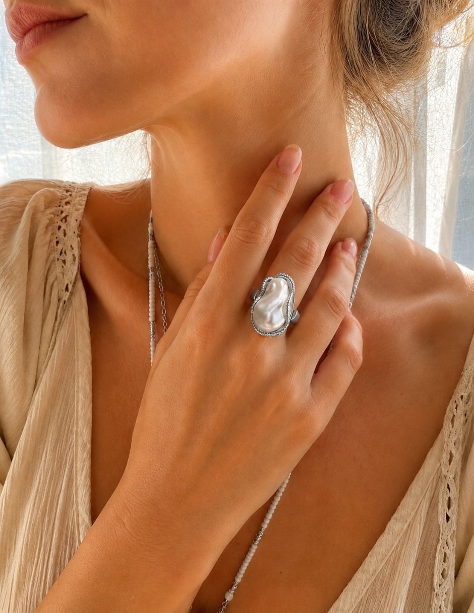 Anillo nácar de aleación de metal imitación perla baño de rodio 2