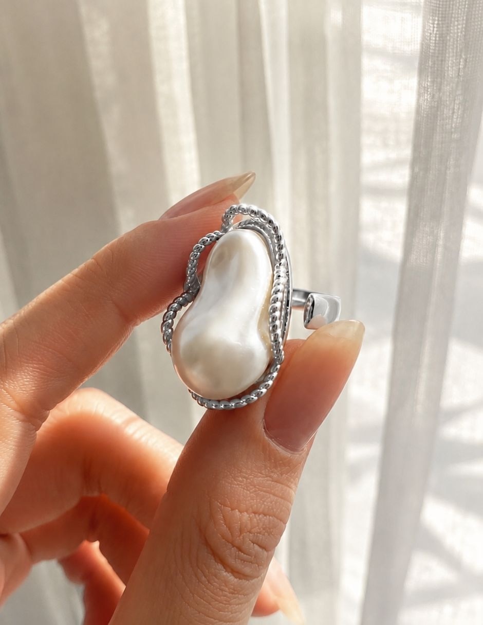 Anillo nácar de aleación de metal imitación perla baño de rodio 4