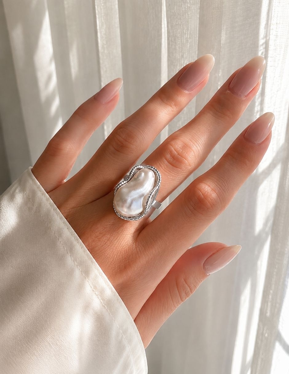 Anillo nácar de aleación de metal imitación perla baño de rodio 8