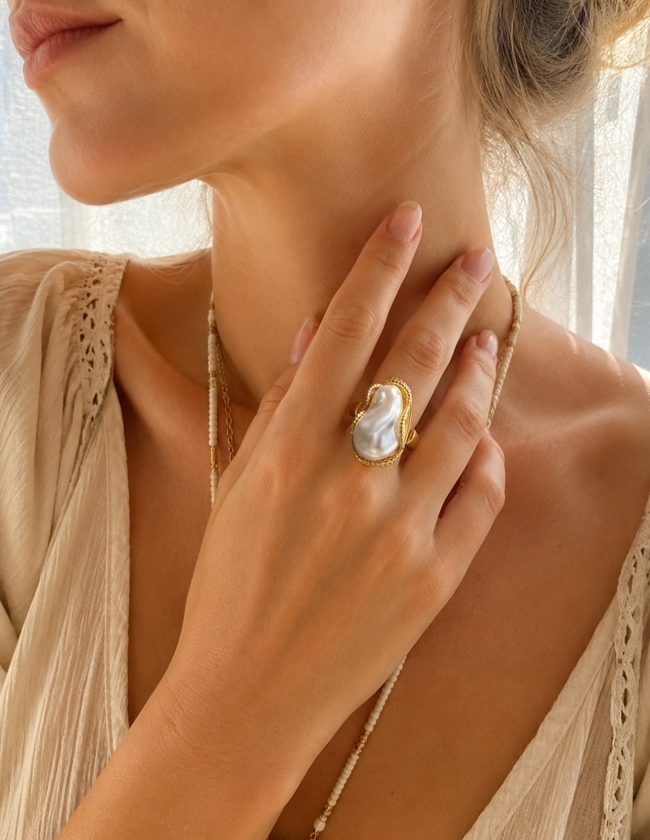 Anillo nácar de aleación de metal imitación perla baño de oro 2