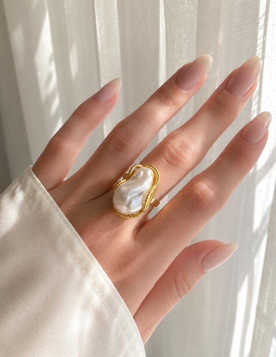 Anillo nácar de aleación de metal imitación perla baño de oro 4