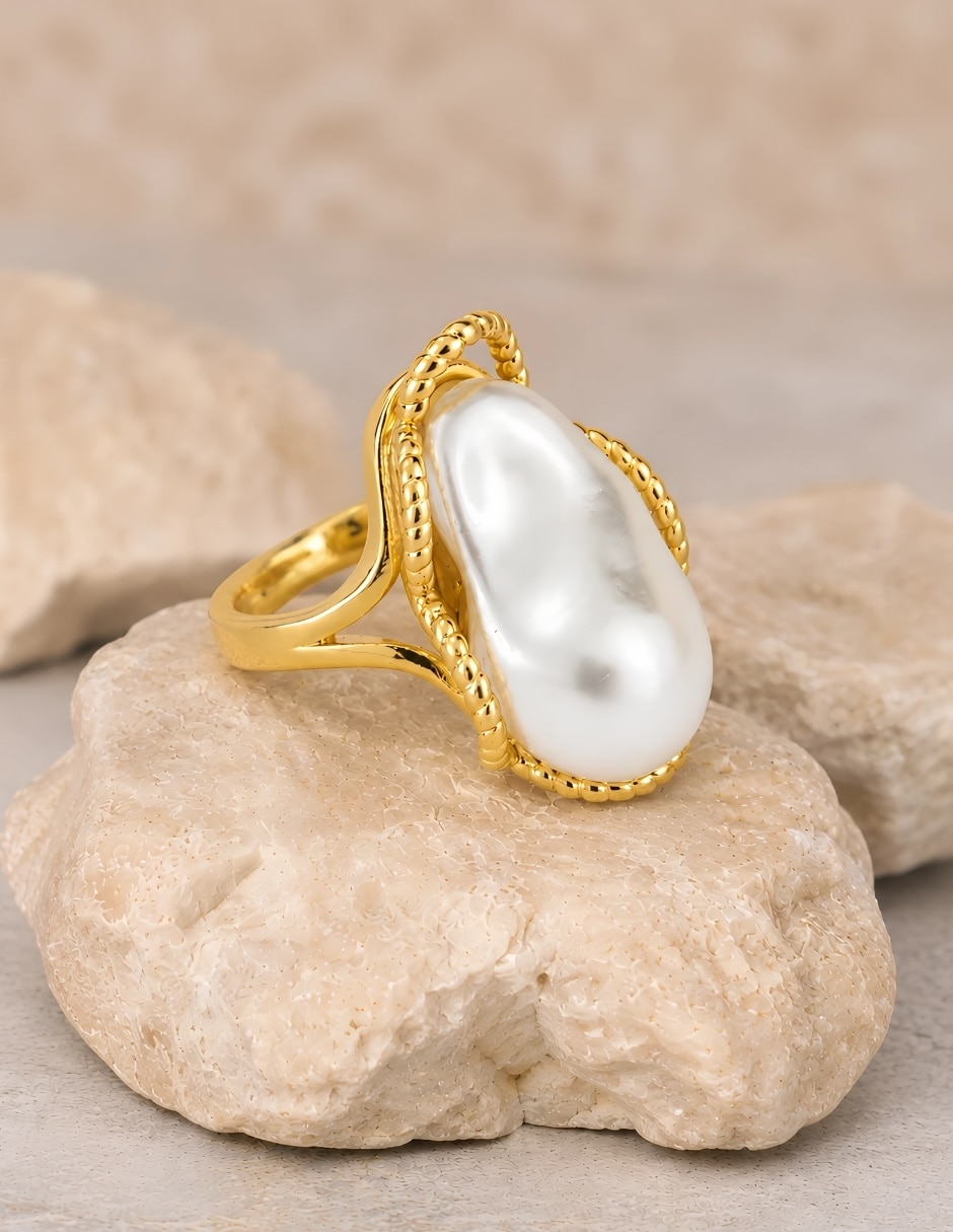 Anillo nácar de aleación de metal imitación perla baño de oro 6